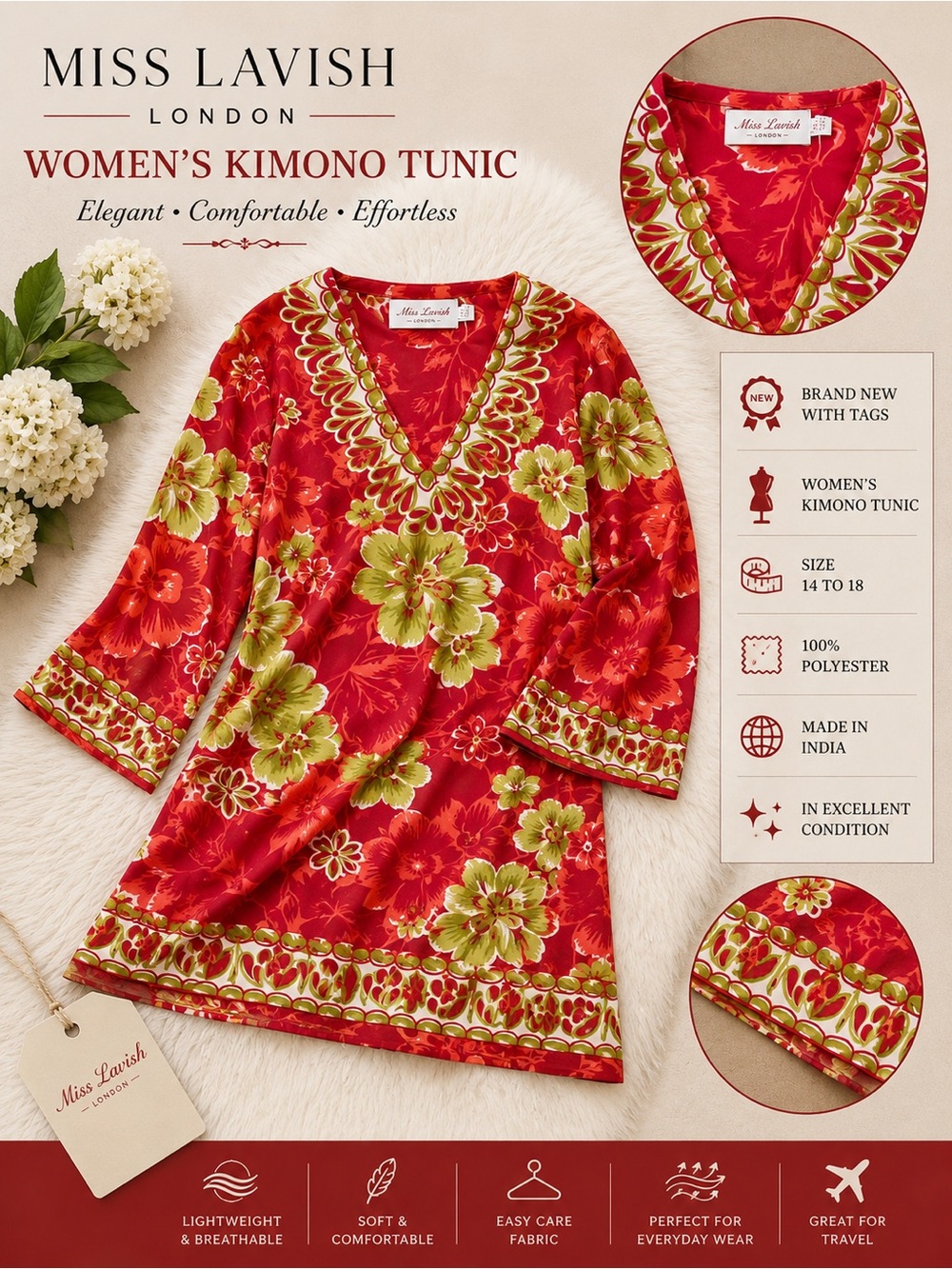 Lavish Red Floral V-Neck Kimono Tunic with Green Accents- brand new